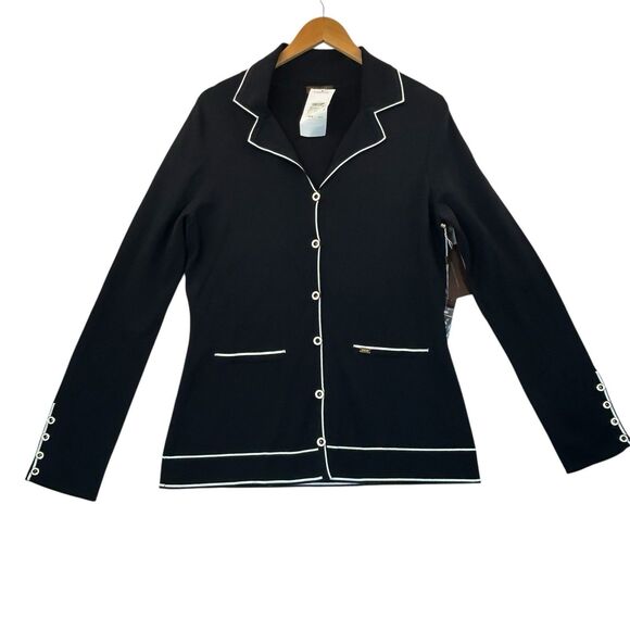 Tesori Sweater Jacket Blazer Cardigan Womens Sz L Black White Trim Button Up NOS - Picture 5 of 16